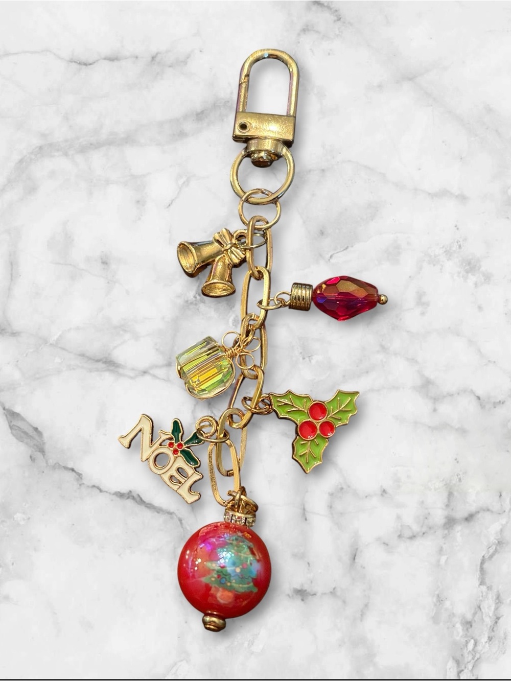 Gold-Tone Holiday Charm Keychain with Red and Green Accents